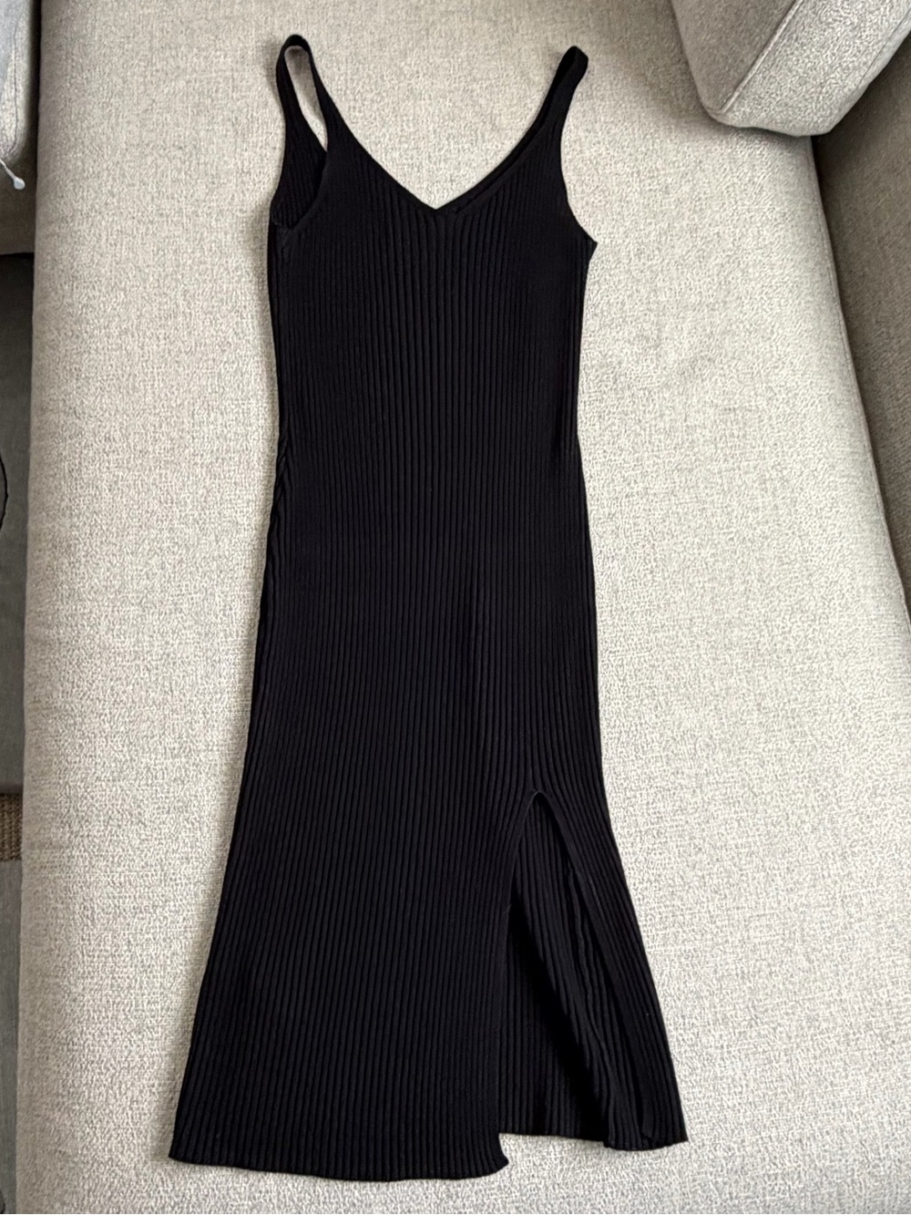 Black Ribbed Slip Dress with Side Slit
